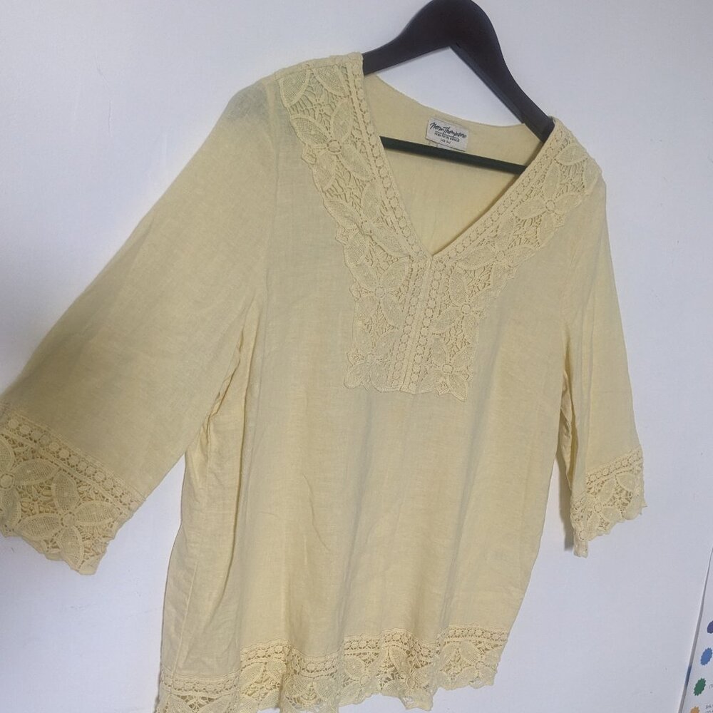 Norm Thompson Women's Yellow Crocheted Linen Tunic Size Petite Large